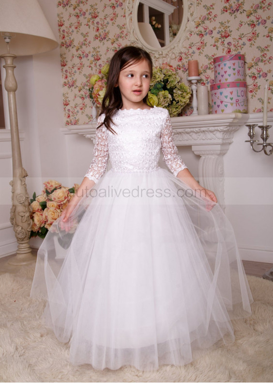White Lace Tulle Floor Length Flower Girl Dress